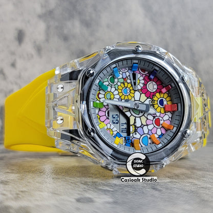 Casioak Mod Transparent Case Yellow Strap Gray Rainbow Time Mark Takashi Murakami Dial 44mm - Casioak Studio