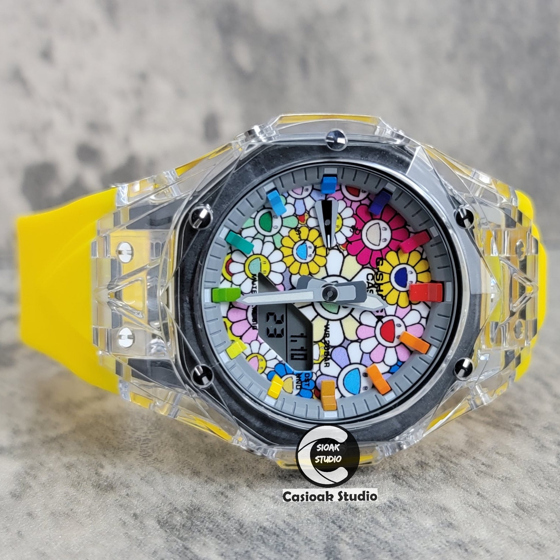 Casioak Mod Transparent Case Yellow Strap Gray Rainbow Time Mark Takashi Murakami Dial 44mm - Casioak Studio