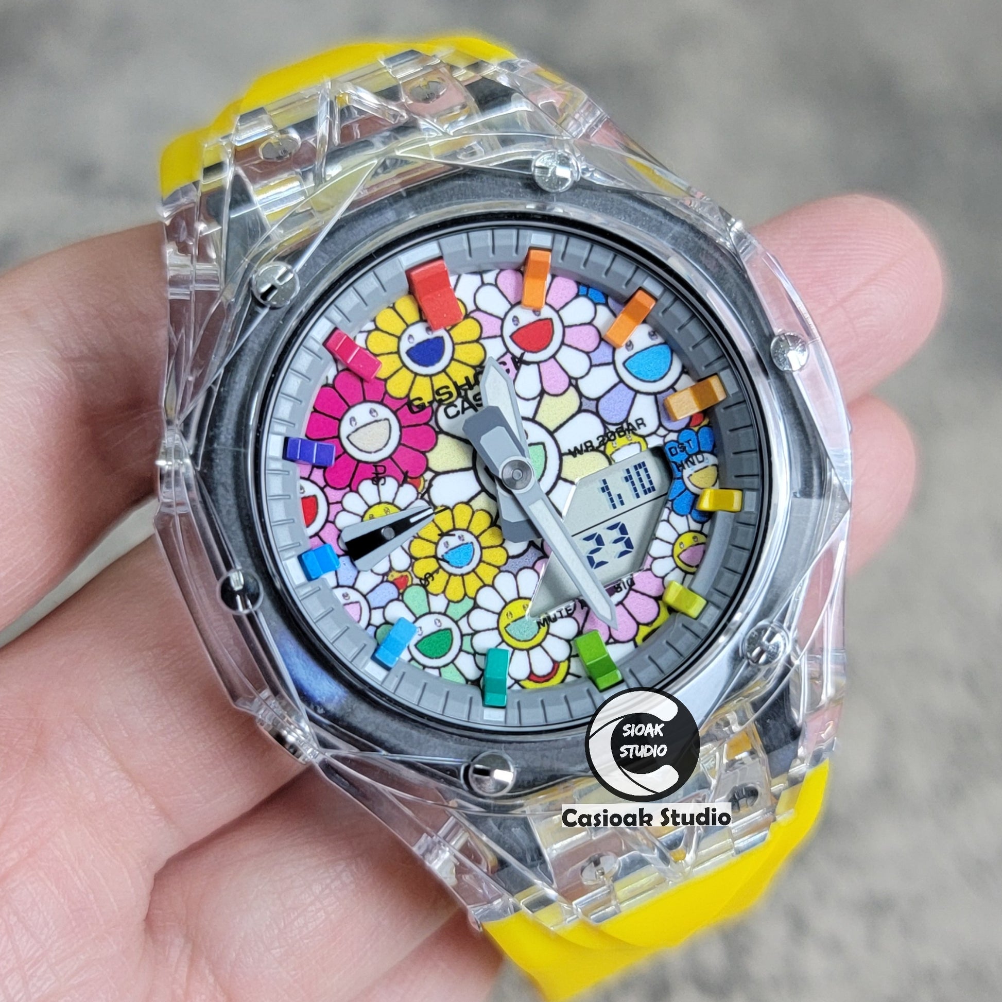 Casioak Mod Transparent Case Yellow Strap Gray Rainbow Time Mark Takashi Murakami Dial 44mm - Casioak Studio