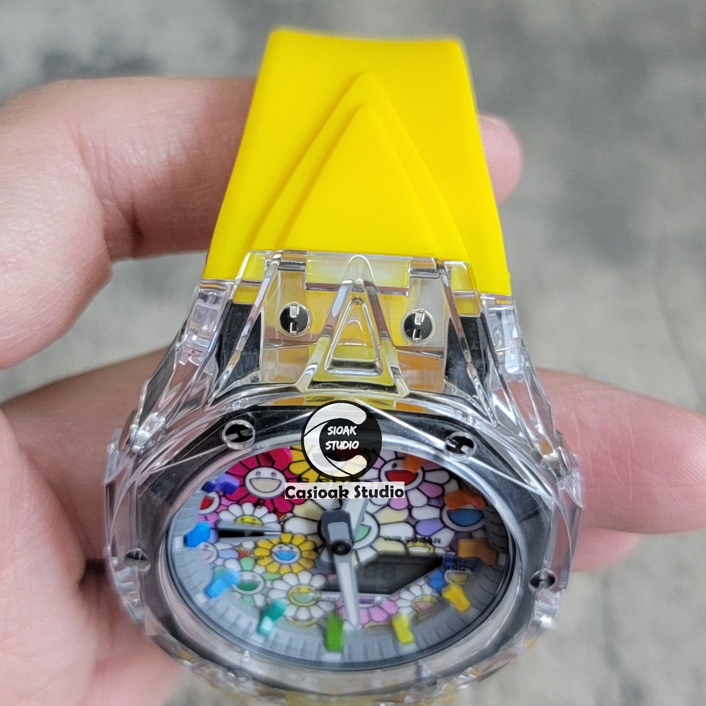 Casioak Mod Transparent Case Yellow Strap Gray Rainbow Time Mark Takashi Murakami Dial 44mm - Casioak Studio