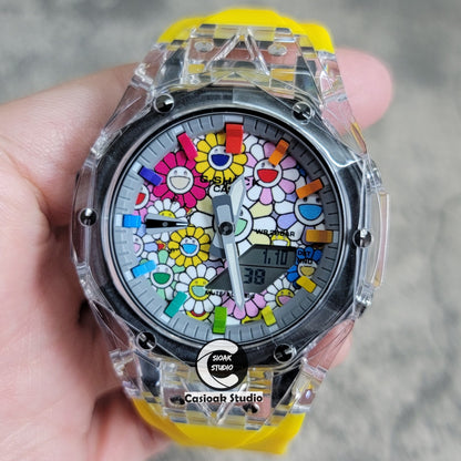 Casioak Mod Transparent Case Yellow Strap Gray Rainbow Time Mark Takashi Murakami Dial 44mm - Casioak Studio