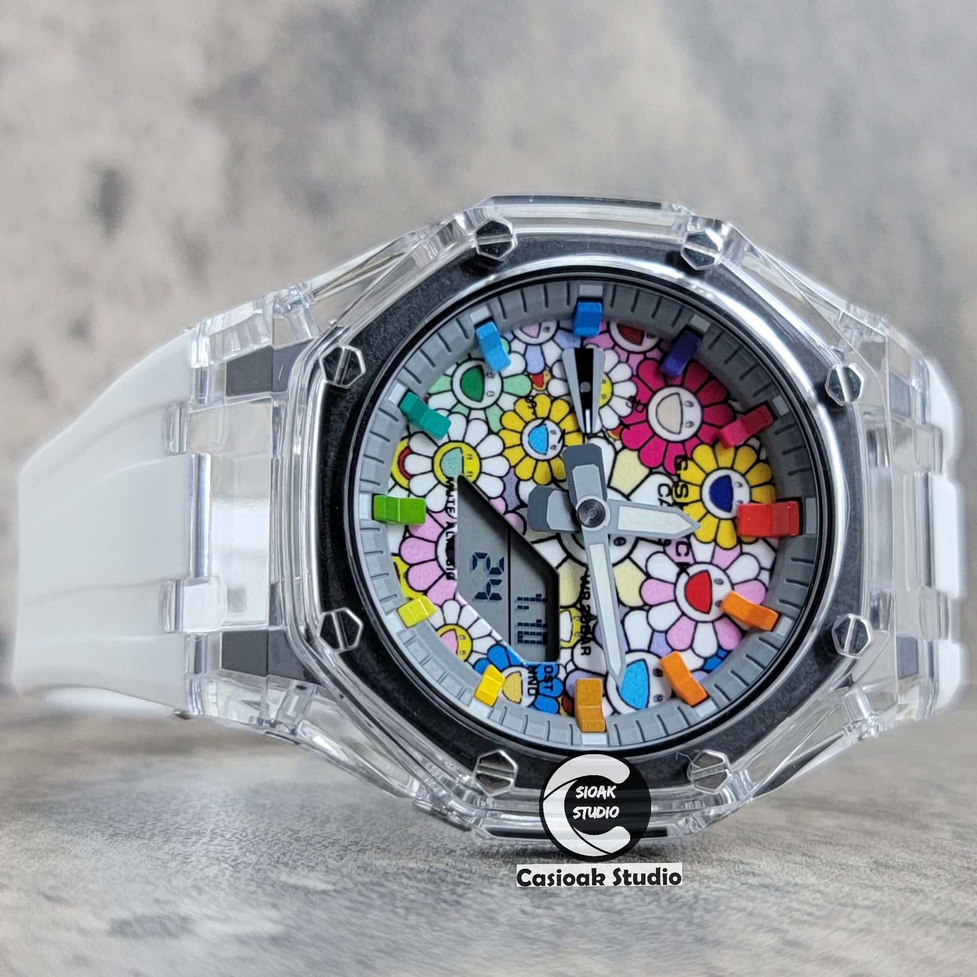 Casioak Mod Transparent Case White Strap Gray Rainbow Time Mark Takashi Murakami Dial 44mm - Casioak Studio