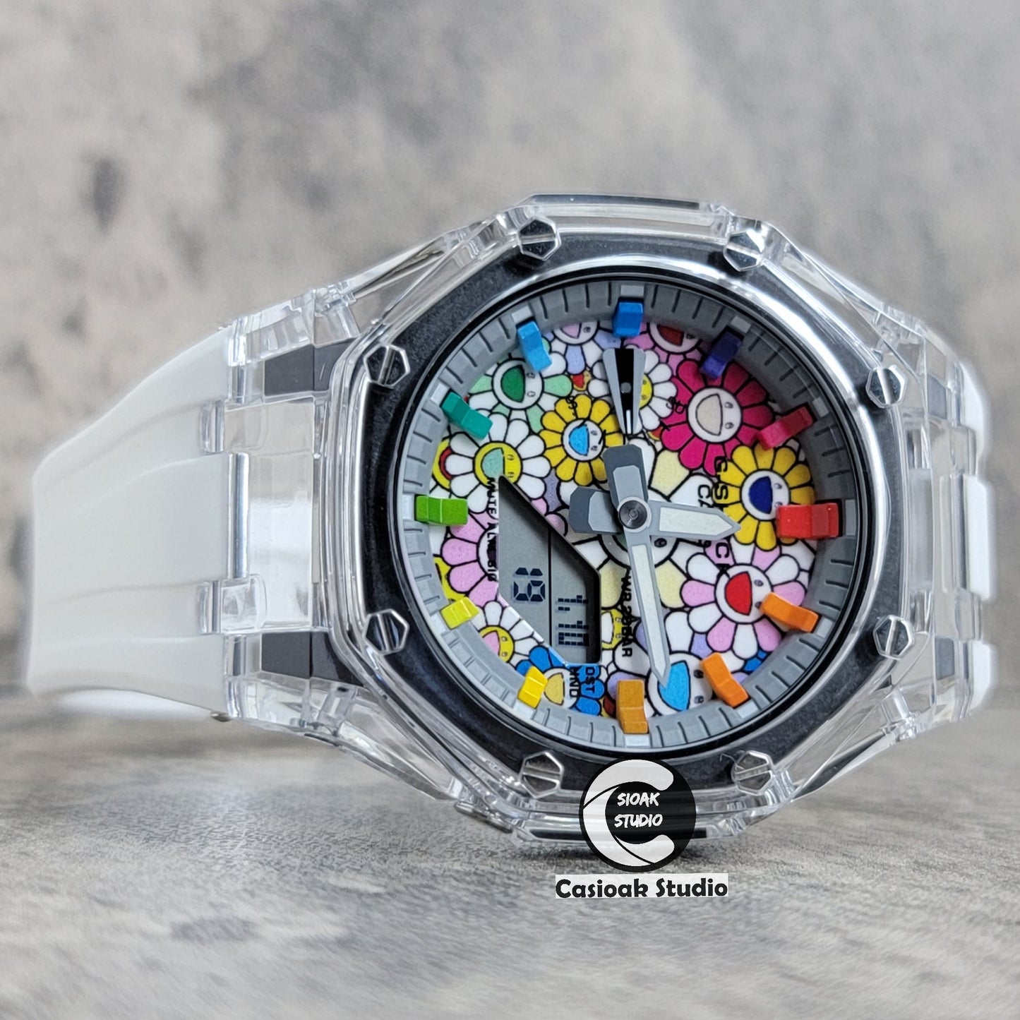 Casioak Mod Transparent Case White Strap Gray Rainbow Time Mark Takashi Murakami Dial 44mm - Casioak Studio