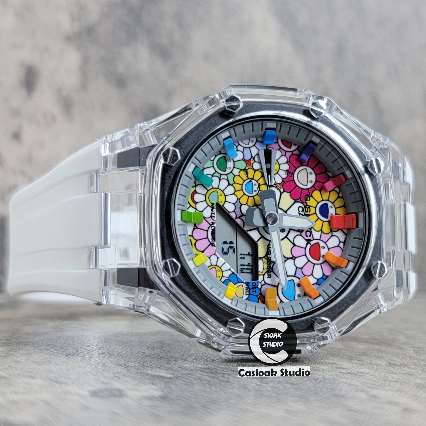 Casioak Mod Transparent Case White Strap Gray Rainbow Time Mark Takashi Murakami Dial 44mm - Casioak Studio