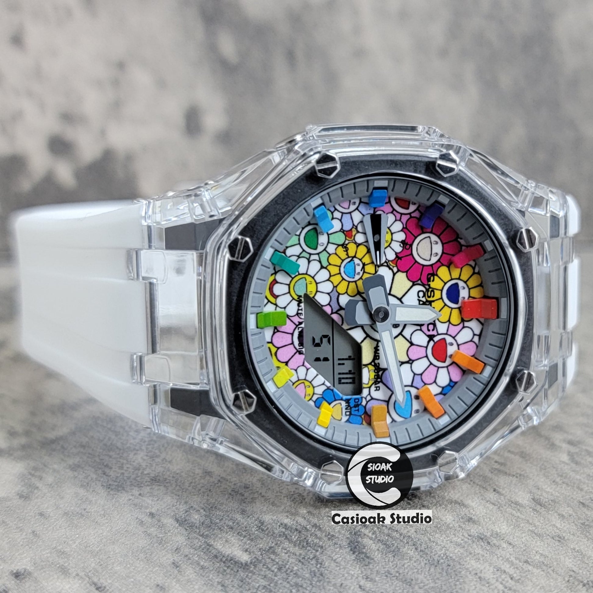 Casioak Mod Transparent Case White Strap Gray Rainbow Time Mark Takashi Murakami Dial 44mm - Casioak Studio