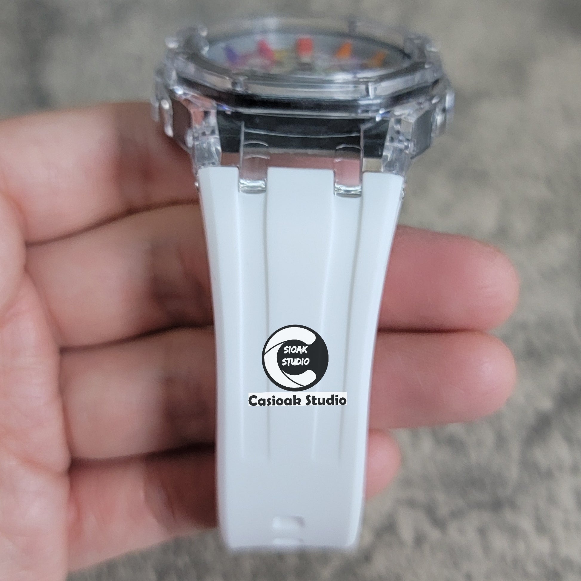 Casioak Mod Transparent Case White Strap Gray Rainbow Time Mark Takashi Murakami Dial 44mm - Casioak Studio