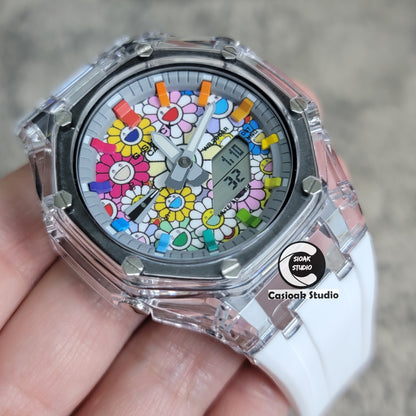 Casioak Mod Transparent Case White Strap Gray Rainbow Time Mark Takashi Murakami Dial 44mm - Casioak Studio