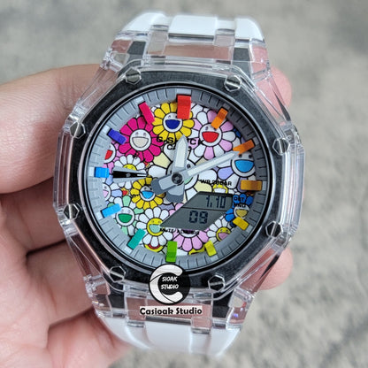 Casioak Mod Transparent Case White Strap Gray Rainbow Time Mark Takashi Murakami Dial 44mm - Casioak Studio