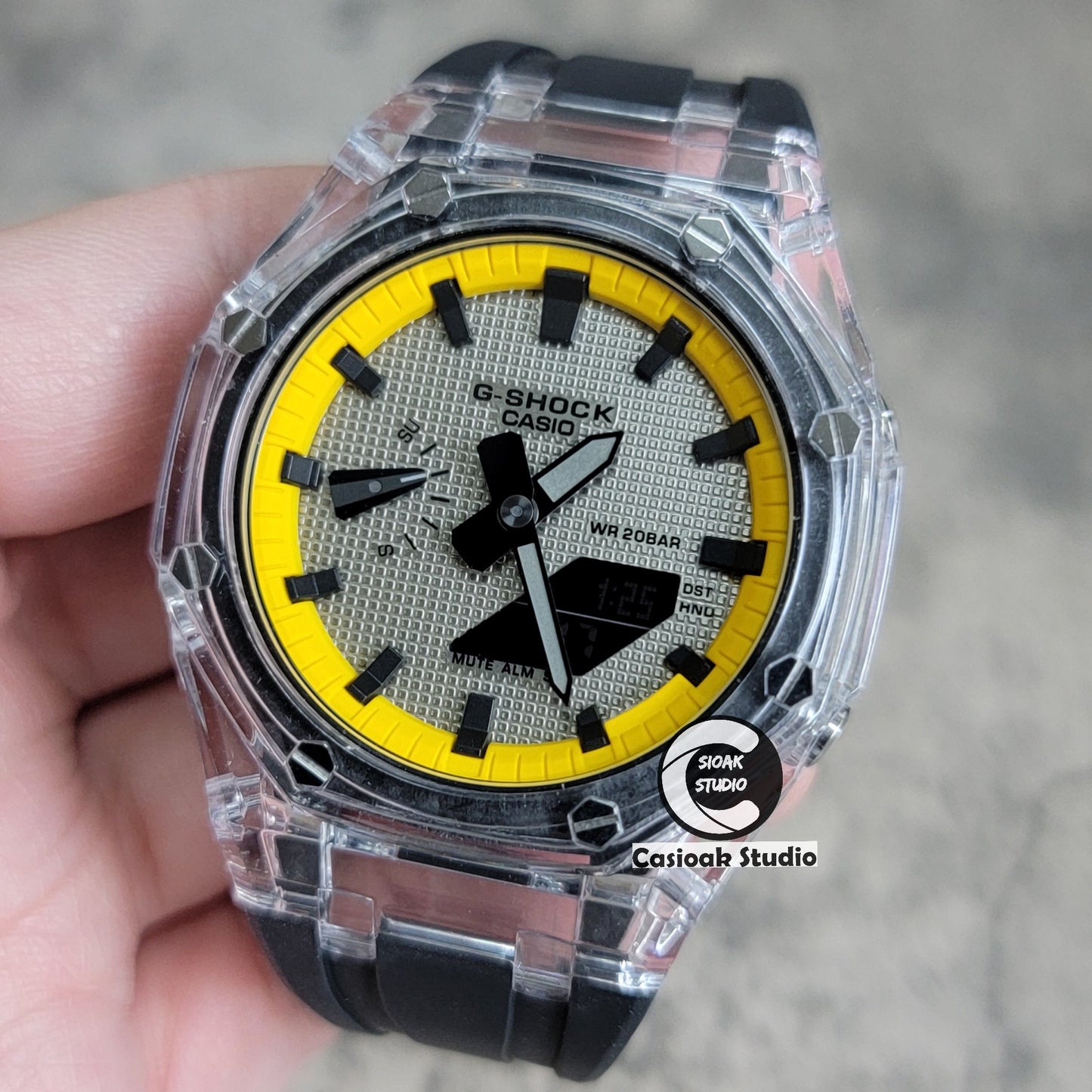 Casioak Mod Transparent Case Black Strap Yellow Black Time Mark Gray Waffle Dial 44mm - Casioak Studio