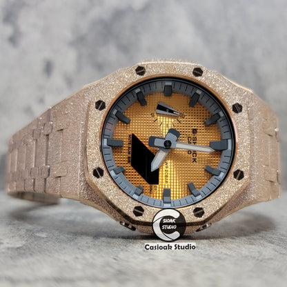 Casioak Mod Watch Frosted Rose Gold Case Metal Strap Gray Time Mark Gold Waffle Dial 44mm - Casioak Studio