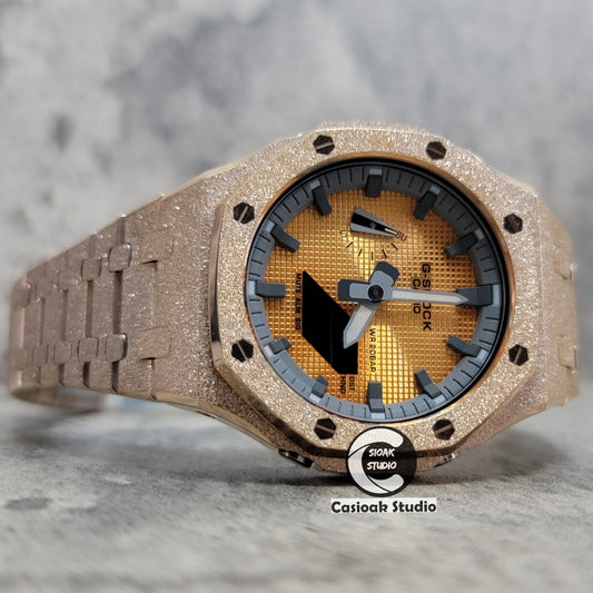 Casioak Mod Watch Frosted Rose Gold Case Metal Strap Gray Time Mark Gold Waffle Dial 44mm