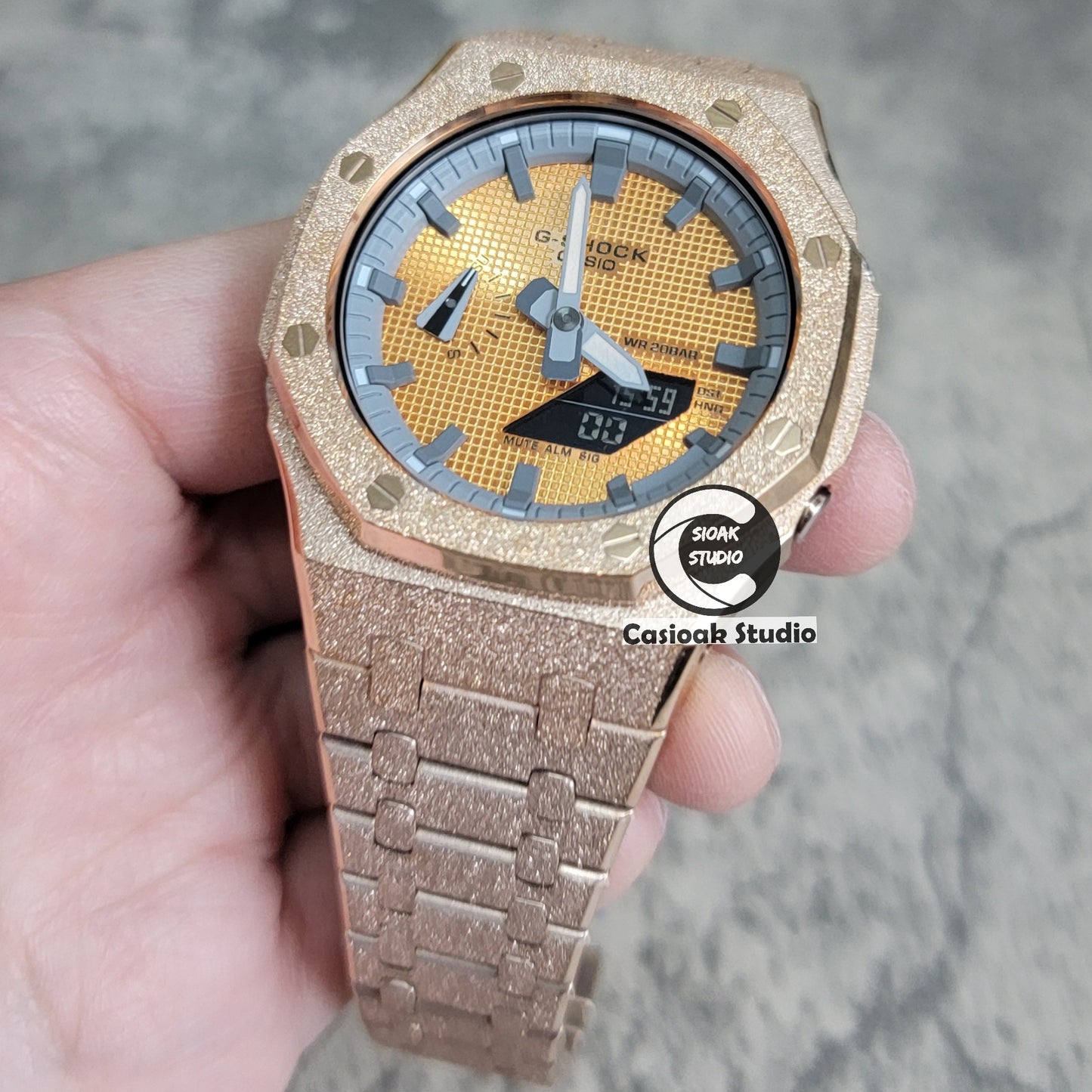 Casioak Mod Watch Frosted Rose Gold Case Metal Strap Gray Time Mark Gold Waffle Dial 44mm - Casioak Studio