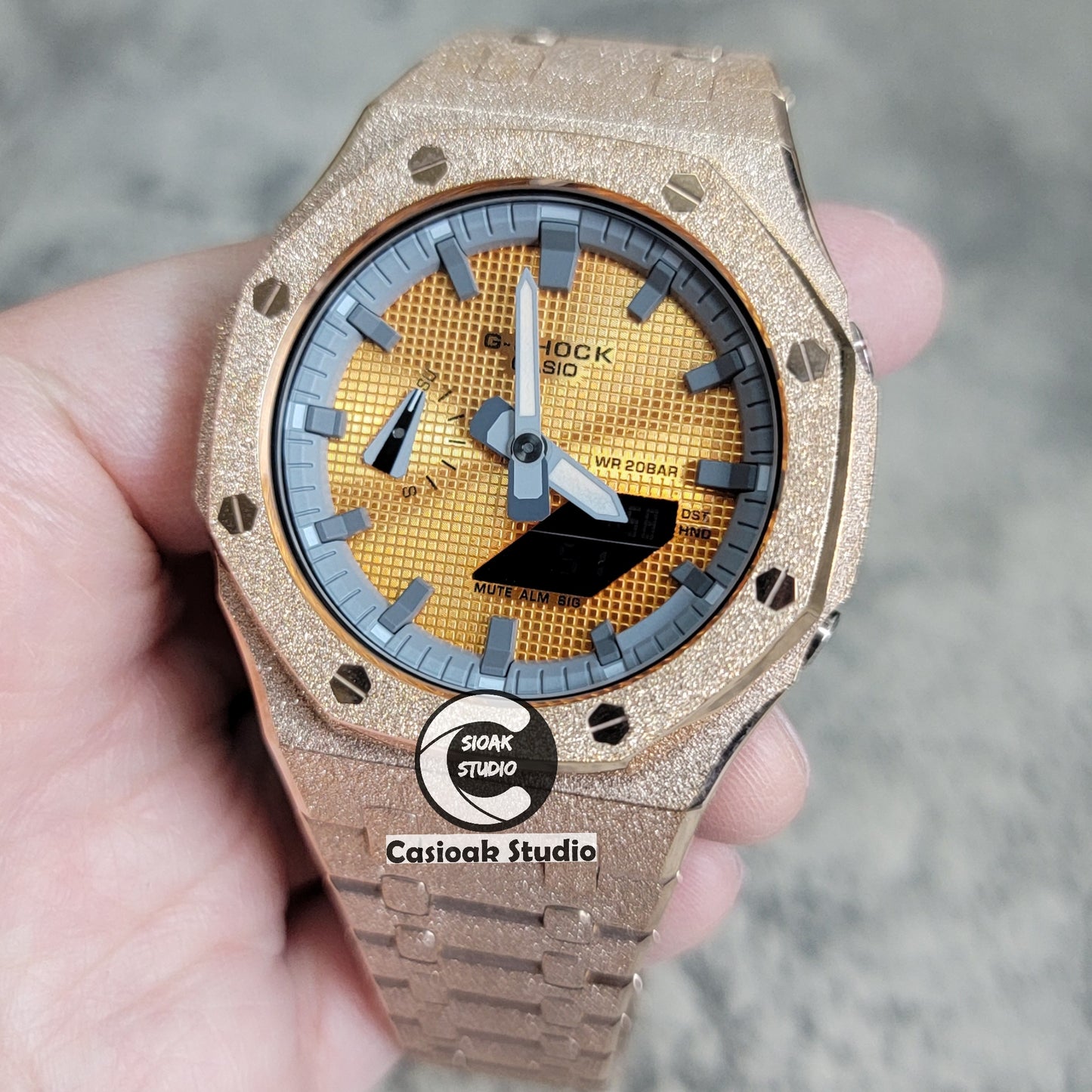 Casioak Mod Watch Frosted Rose Gold Case Metal Strap Gray Time Mark Gold Waffle Dial 44mm - Casioak Studio