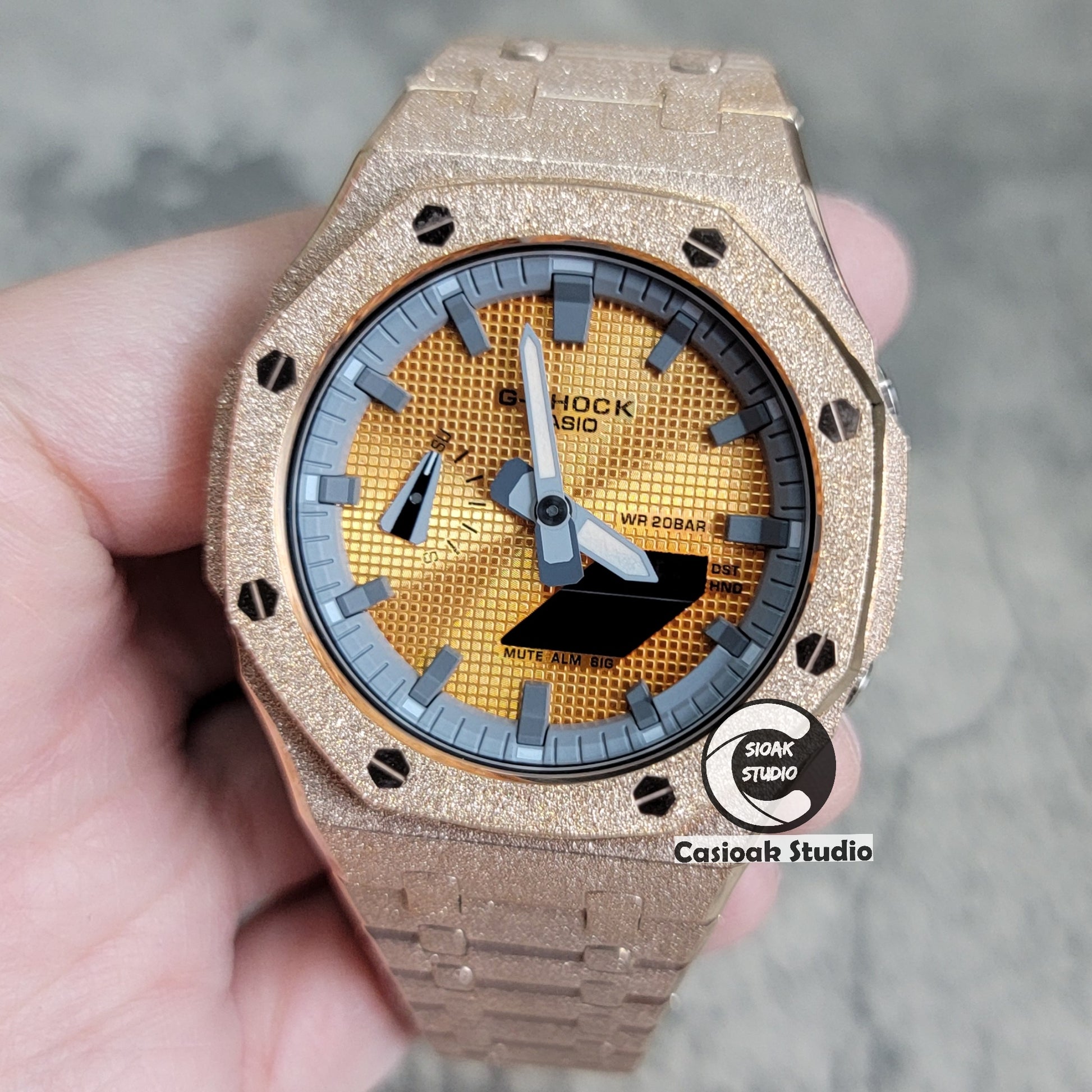 Casioak Mod Watch Frosted Rose Gold Case Metal Strap Gray Time Mark Gold Waffle Dial 44mm - Casioak Studio