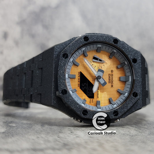 Casioak Mod Watch Frosted Black Case Metal Strap Gray Time Mark Gold Waffle Dial 44mm