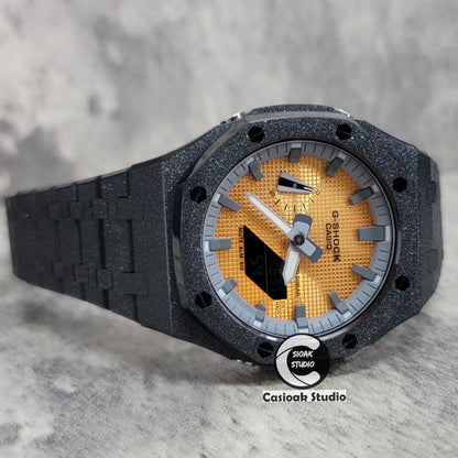Casioak Mod Watch Frosted Black Case Metal Strap Gray Time Mark Gold Waffle Dial 44mm - Casioak Studio
