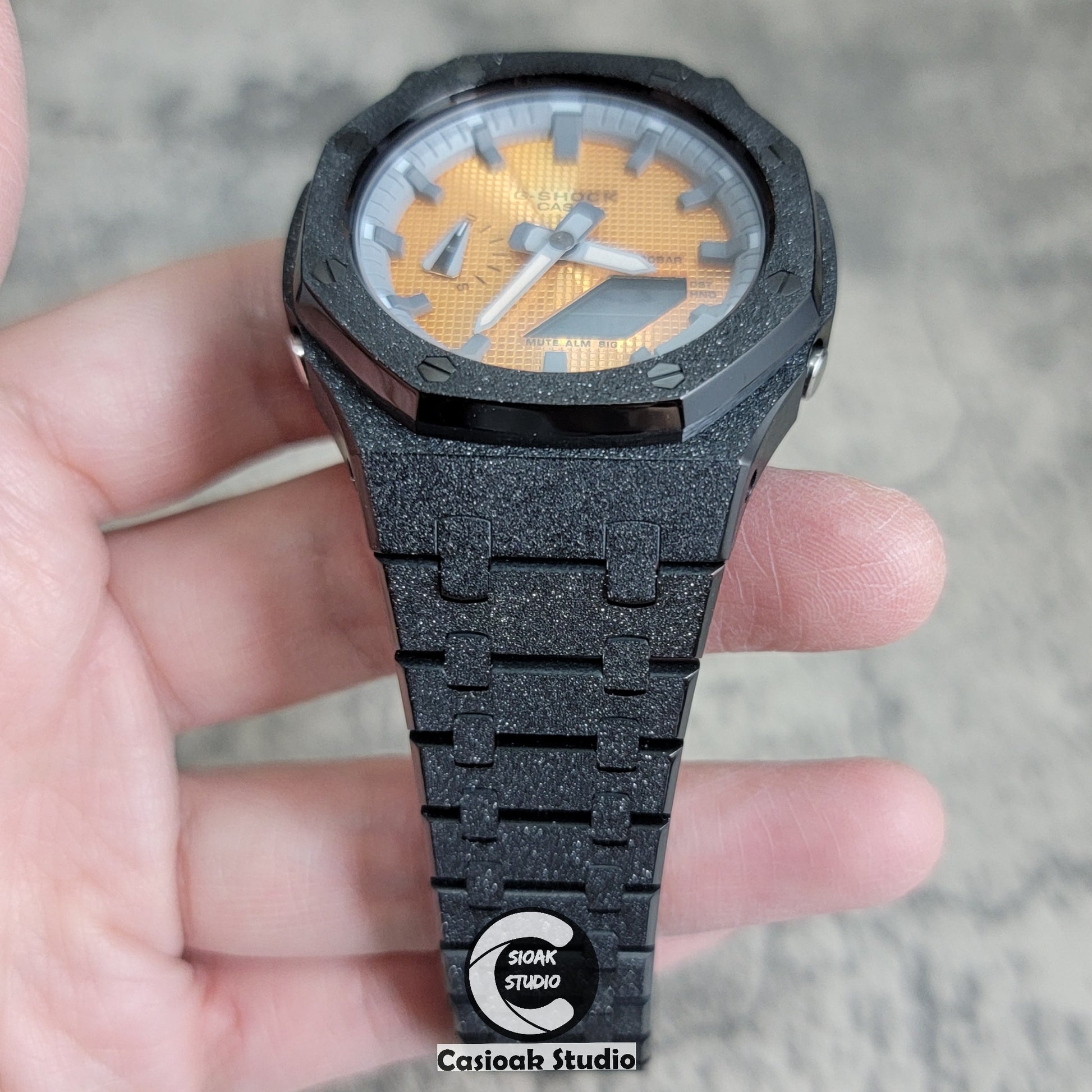 Casioak Mod Watch Frosted Black Case Metal Strap Gray Time Mark Gold Waffle Dial 44mm - Casioak Studio