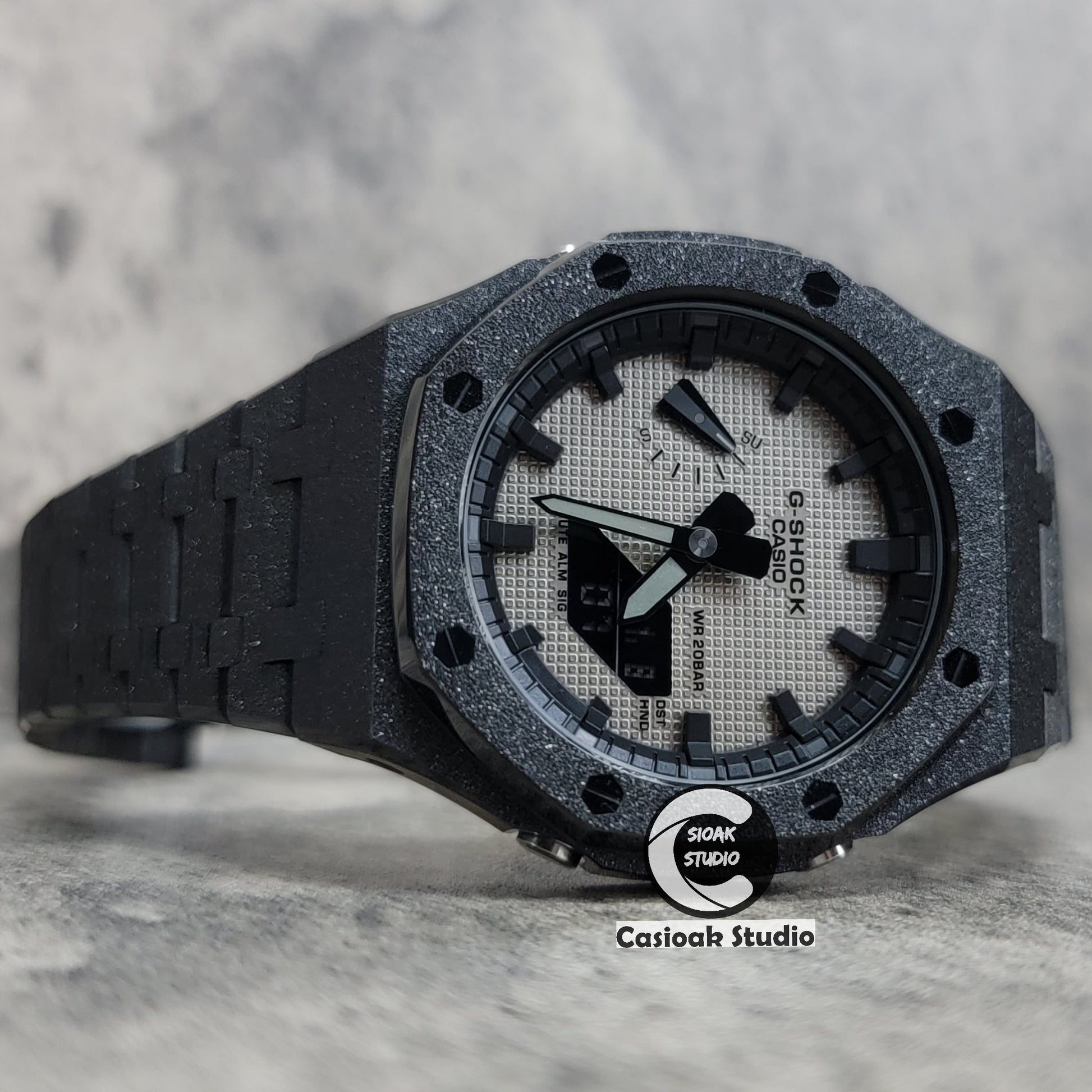 Casioak Mod Watch Frosted Black Case Metal Strap Black Time Mark Gray Waffle Dial 44mm - Casioak Studio