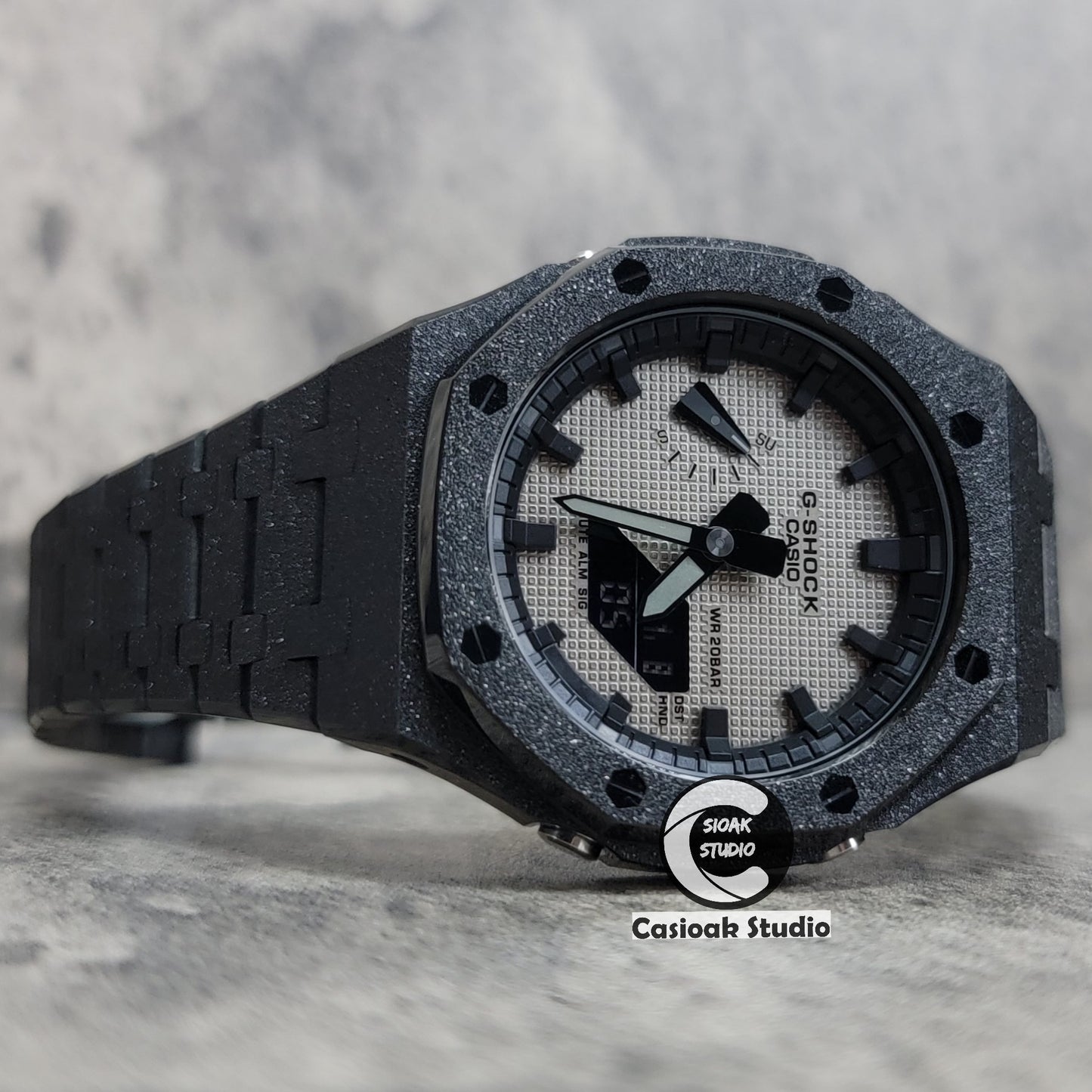 Casioak Mod Watch Frosted Black Case Metal Strap Black Time Mark Gray Waffle Dial 44mm - Casioak Studio