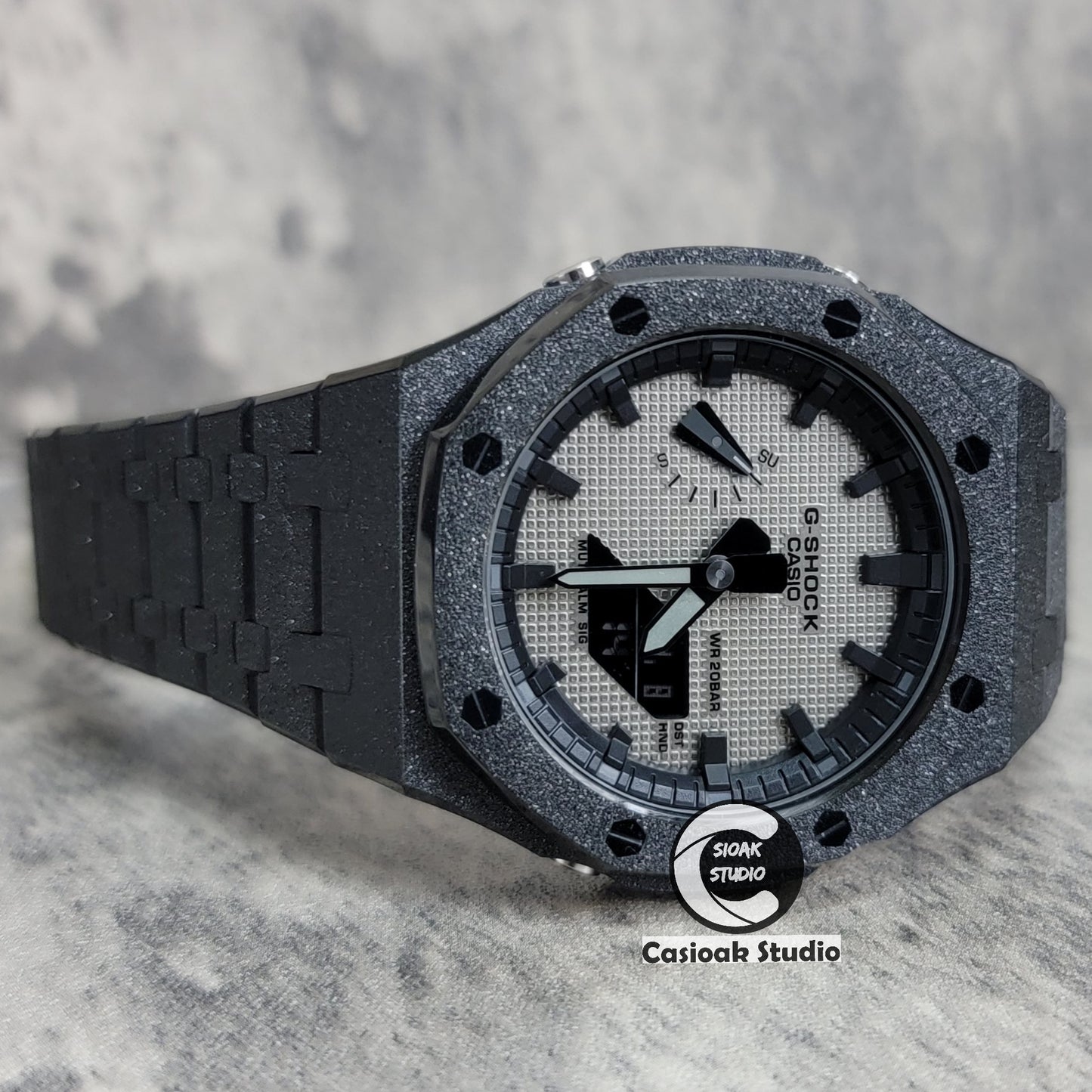 Casioak Mod Watch Frosted Black Case Metal Strap Black Time Mark Gray Waffle Dial 44mm - Casioak Studio