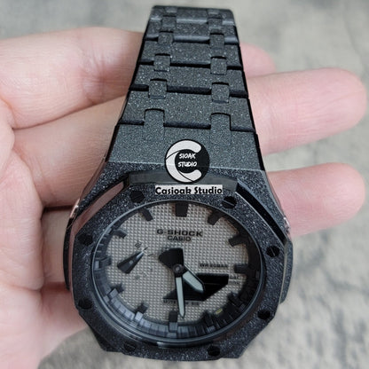 Casioak Mod Watch Frosted Black Case Metal Strap Black Time Mark Gray Waffle Dial 44mm - Casioak Studio