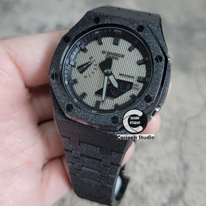 Casioak Mod Watch Frosted Black Case Metal Strap Black Time Mark Gray Waffle Dial 44mm - Casioak Studio