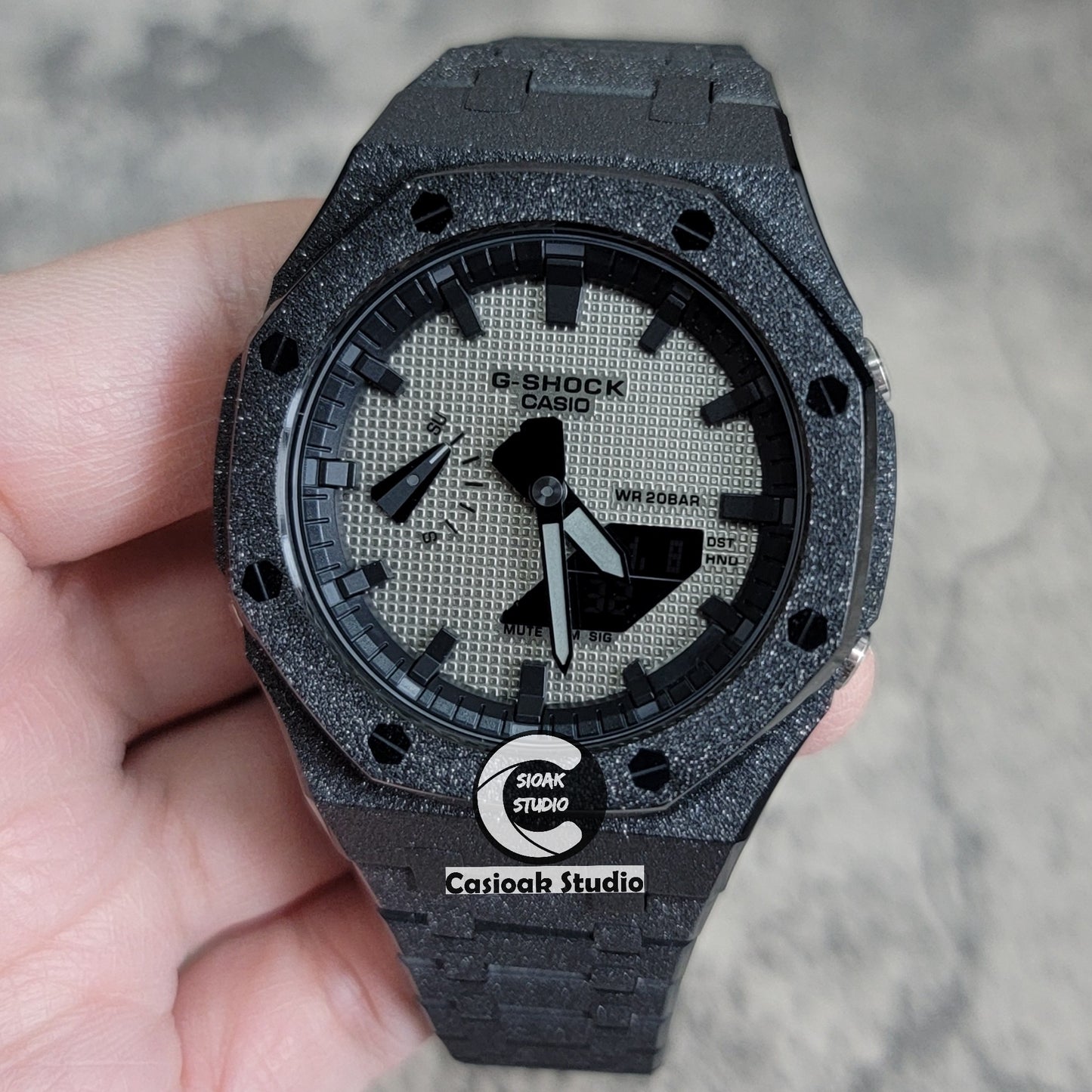 Casioak Mod Watch Frosted Black Case Metal Strap Black Time Mark Gray Waffle Dial 44mm - Casioak Studio