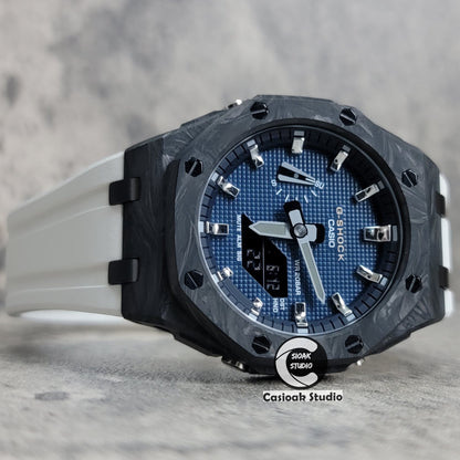 Casioak Mod Watch Carbon Fiber Offshore Superior Black Case White Strap Black Silver Time Mark Blue Waffle Dial 44mm - Casioak Studio