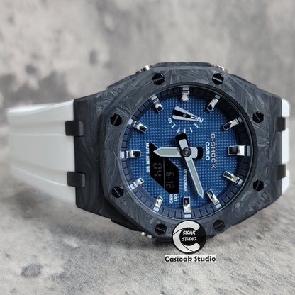 Casioak Mod Watch Carbon Fiber Offshore Superior Black Case White Strap Black Silver Time Mark Blue Waffle Dial 44mm - Casioak Studio