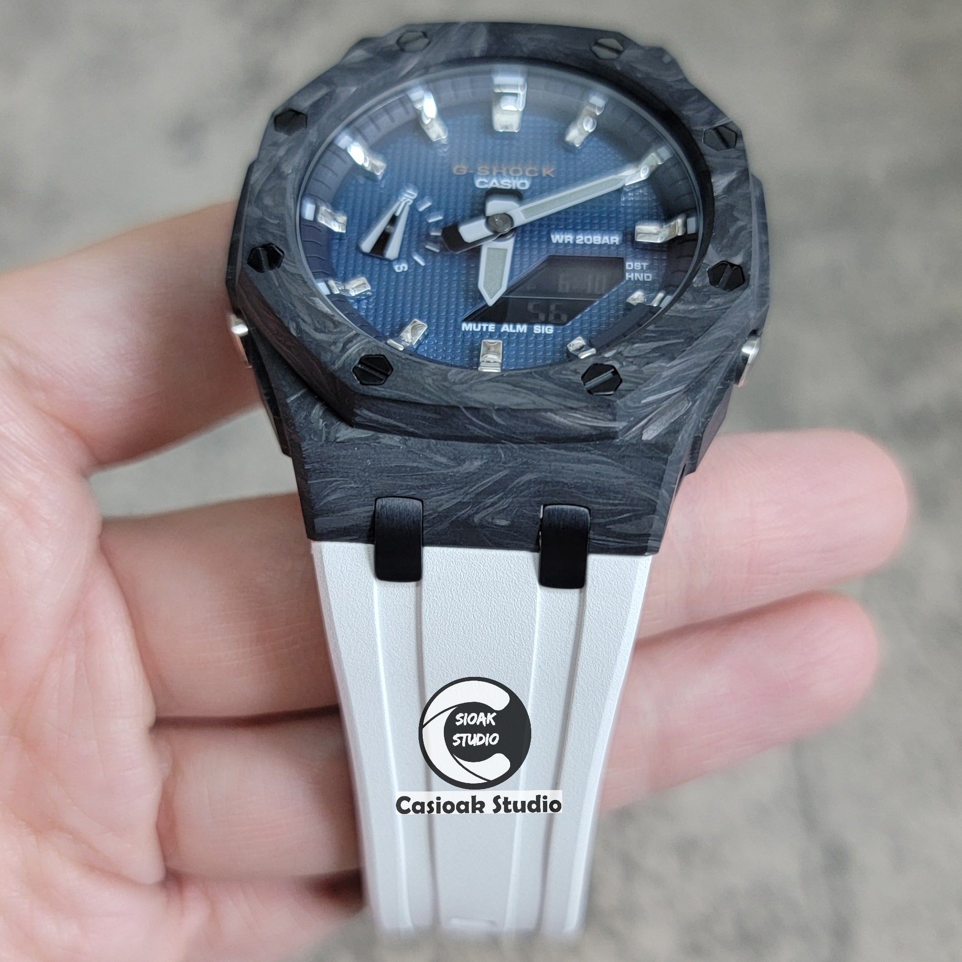 Casioak Mod Watch Carbon Fiber Offshore Superior Black Case White Strap Black Silver Time Mark Blue Waffle Dial 44mm - Casioak Studio