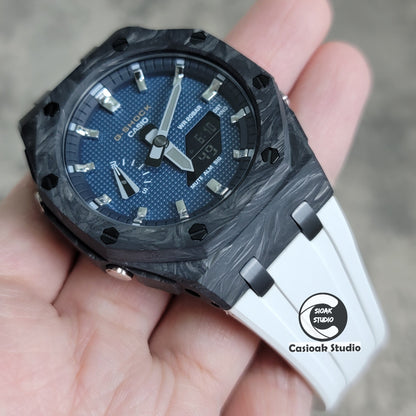 Casioak Mod Watch Carbon Fiber Offshore Superior Black Case White Strap Black Silver Time Mark Blue Waffle Dial 44mm - Casioak Studio