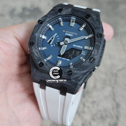 Casioak Mod Watch Carbon Fiber Offshore Superior Black Case White Strap Black Silver Time Mark Blue Waffle Dial 44mm - Casioak Studio