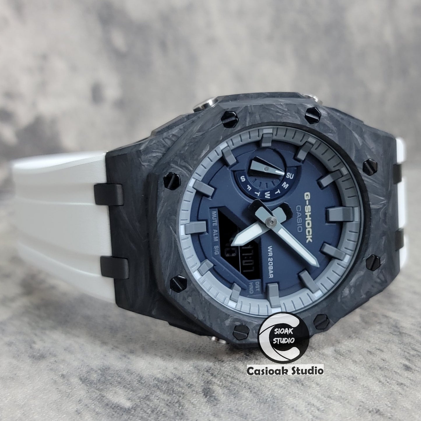 Casioak Mod Watch Carbon Fiber Offshore Superior Black Case White Strap Gray Time Mark Blue Dial 44mm - Casioak Studio
