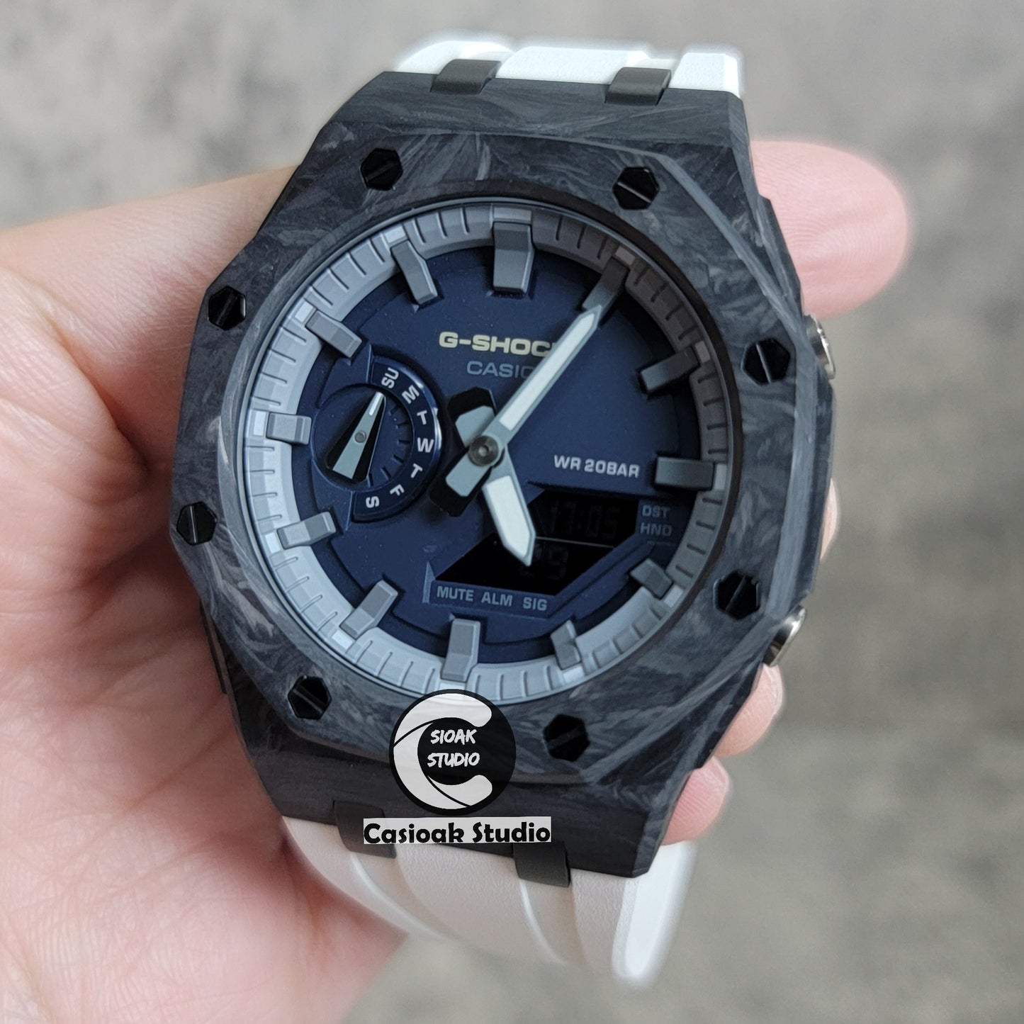 Casioak Mod Watch Carbon Fiber Offshore Superior Black Case White Strap Gray Time Mark Blue Dial 44mm - Casioak Studio