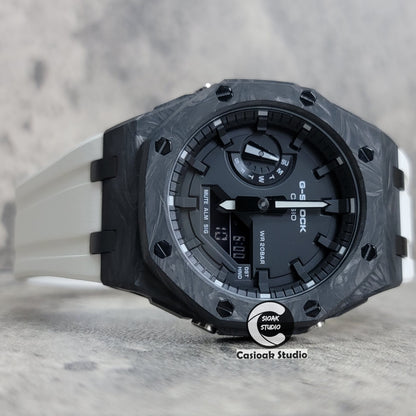 Casioak Mod Watch Carbon Fiber Offshore Superior Black Case White Strap Black Time Mark Black Dial 44mm - Casioak Studio