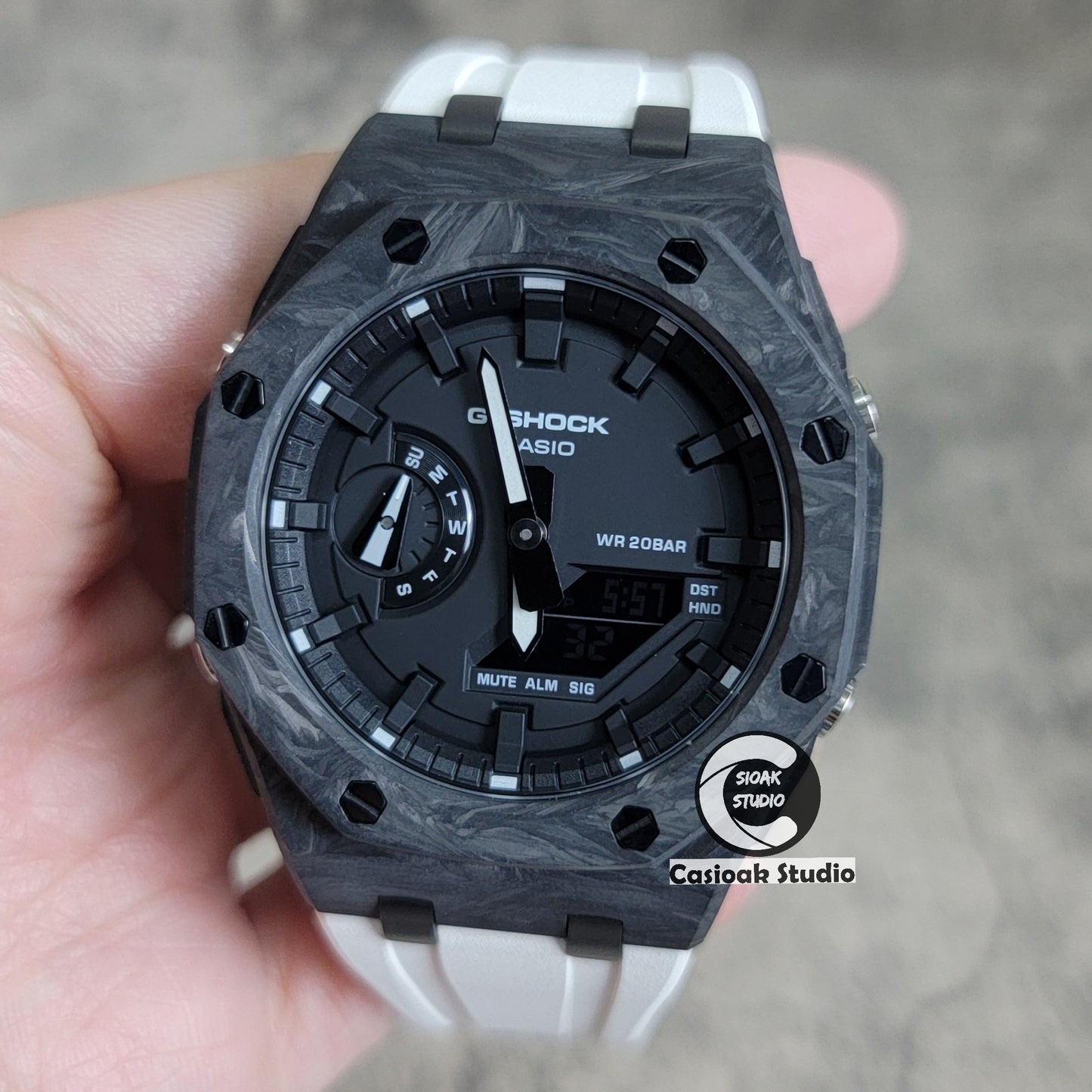 Casioak Mod Watch Carbon Fiber Offshore Superior Black Case White Strap Black Time Mark Black Dial 44mm - Casioak Studio