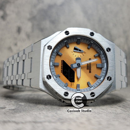 Casioak Mod Watch Sliver Case Metal Strap Gray Time Mark Gold Waffle Dial 44mm - Casioak Studio