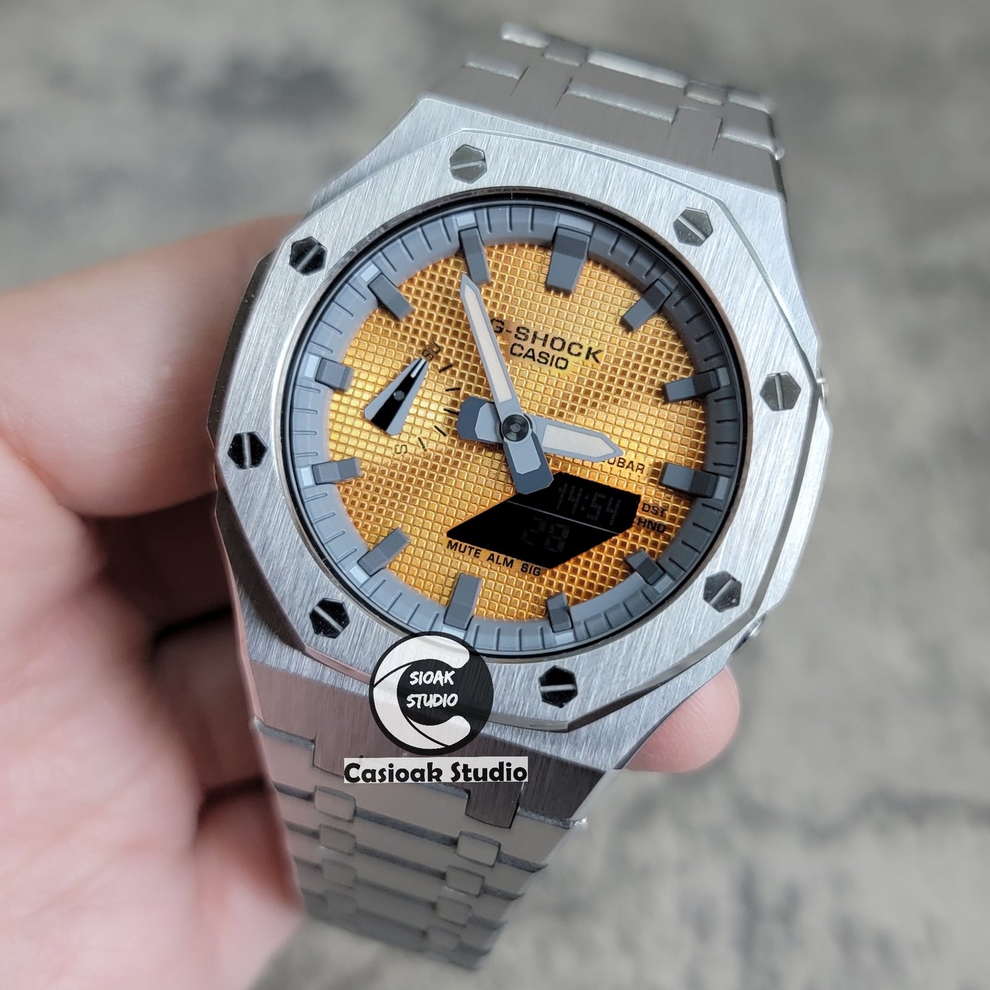 Casioak Mod Watch Sliver Case Metal Strap Gray Time Mark Gold Waffle Dial 44mm - Casioak Studio