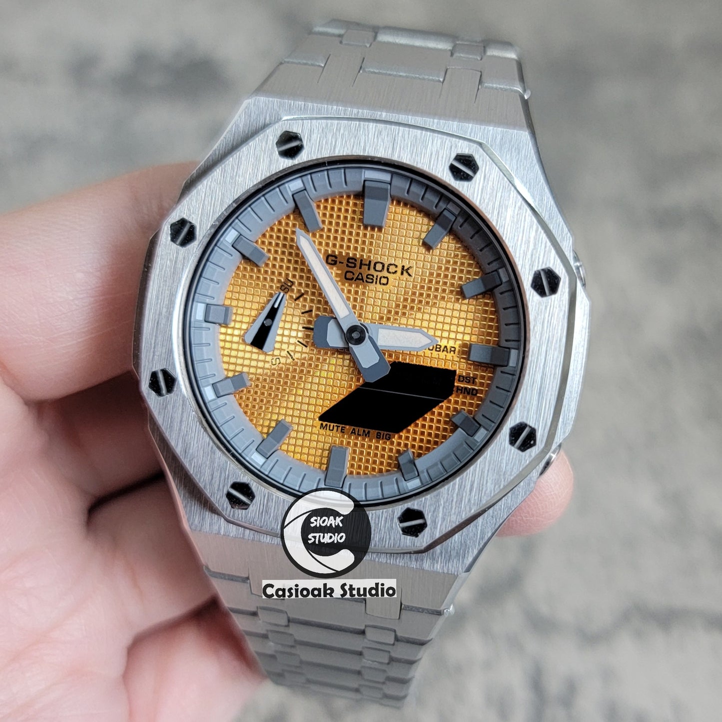 Casioak Mod Watch Sliver Case Metal Strap Gray Time Mark Gold Waffle Dial 44mm - Casioak Studio