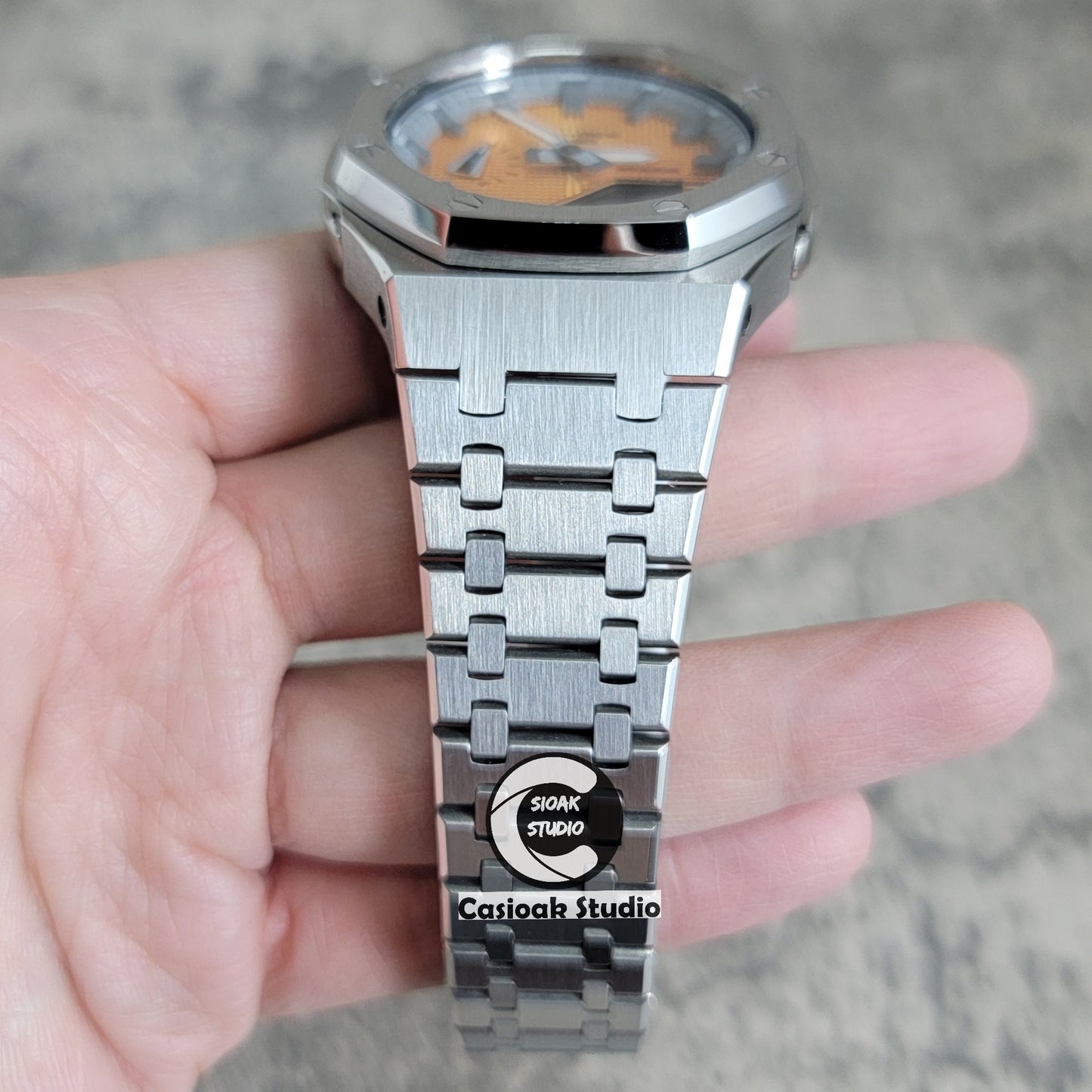 Casioak Mod Watch Sliver Case Metal Strap Gray Time Mark Gold Waffle Dial 44mm - Casioak Studio