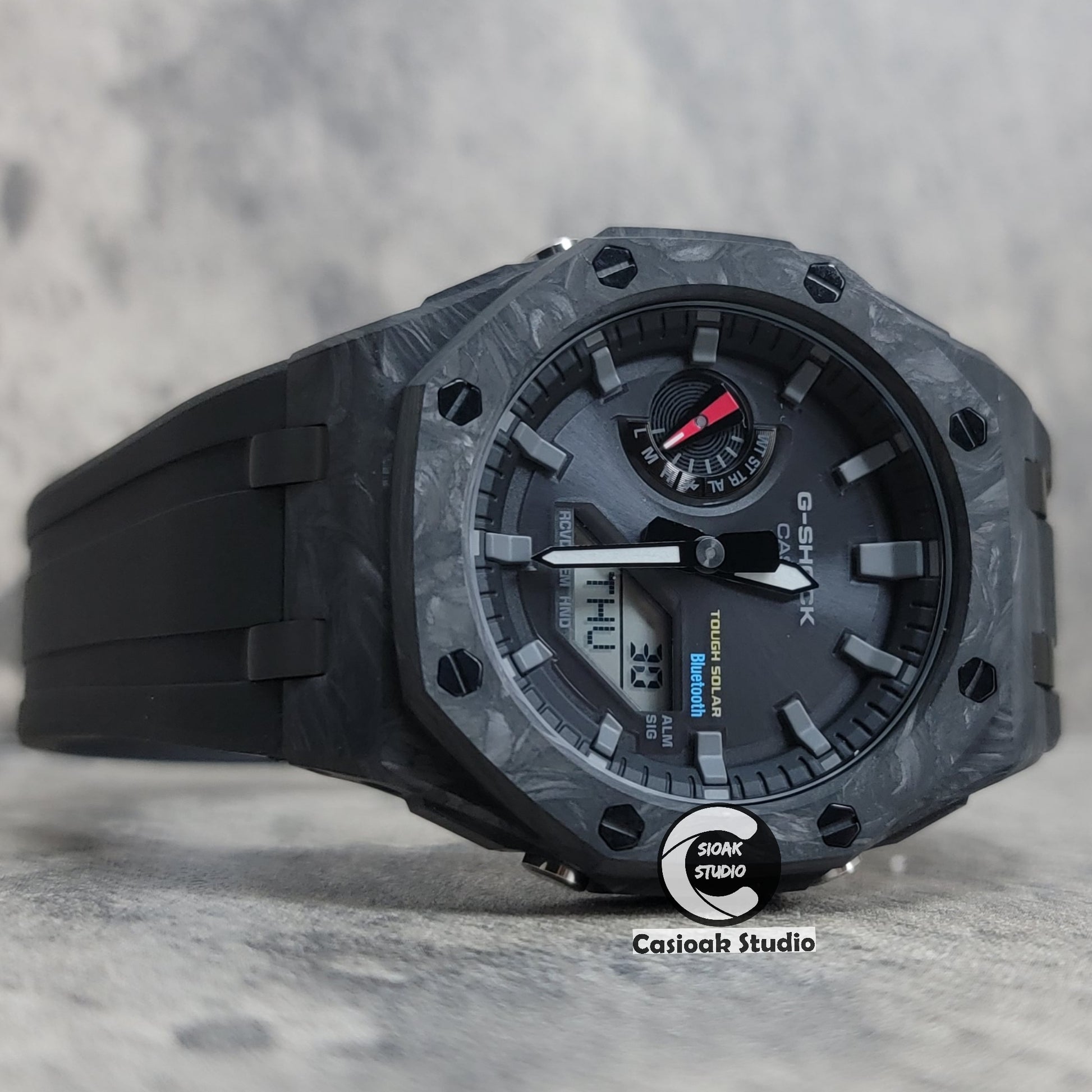 Casioak Mod Watch Solar Bluetooth Carbon Fiber Superior Black Case Black Strap Black Gray Time Mark Black Dial 44mm - Casioak Studio