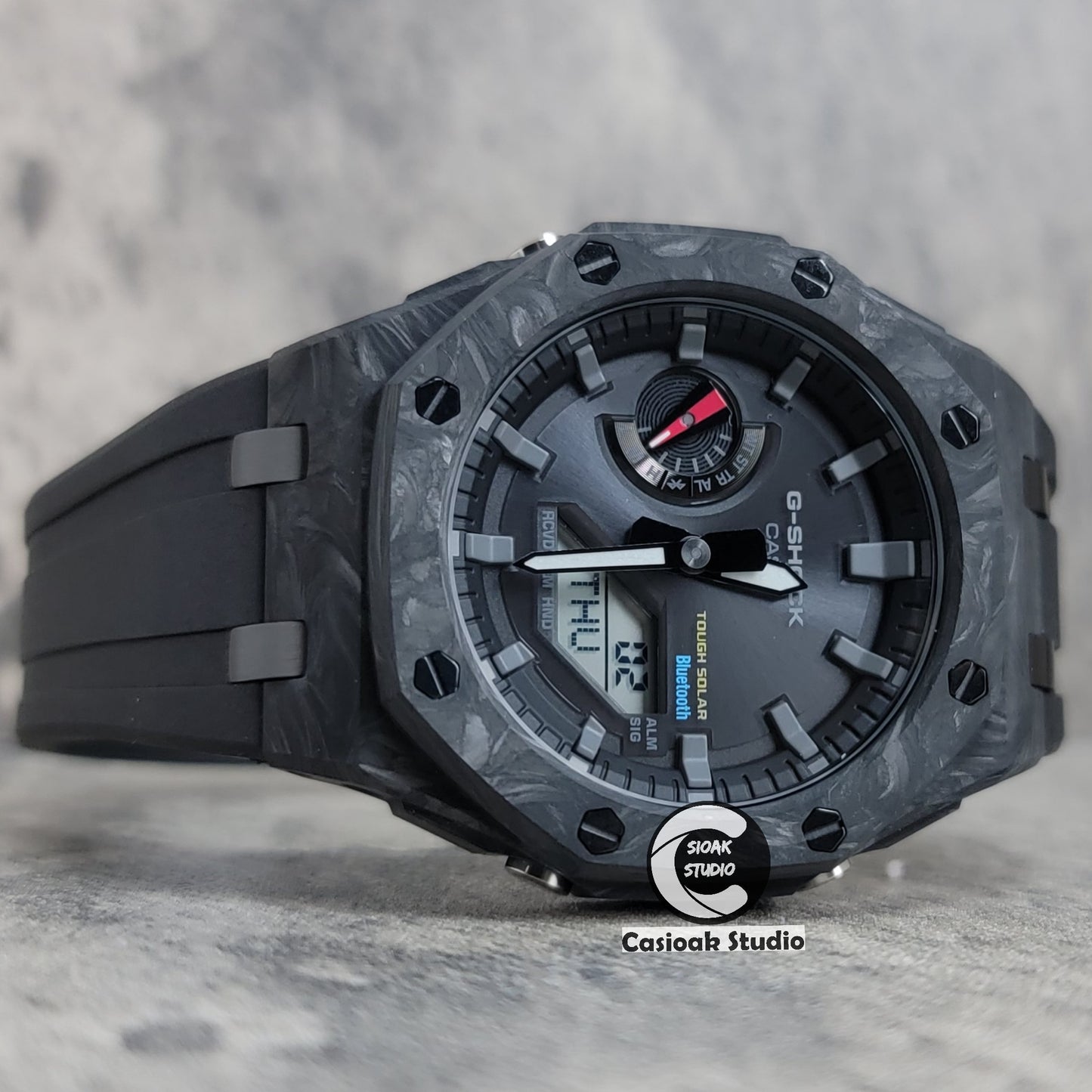 Casioak Mod Watch Solar Bluetooth Carbon Fiber Superior Black Case Black Strap Black Gray Time Mark Black Dial 44mm - Casioak Studio