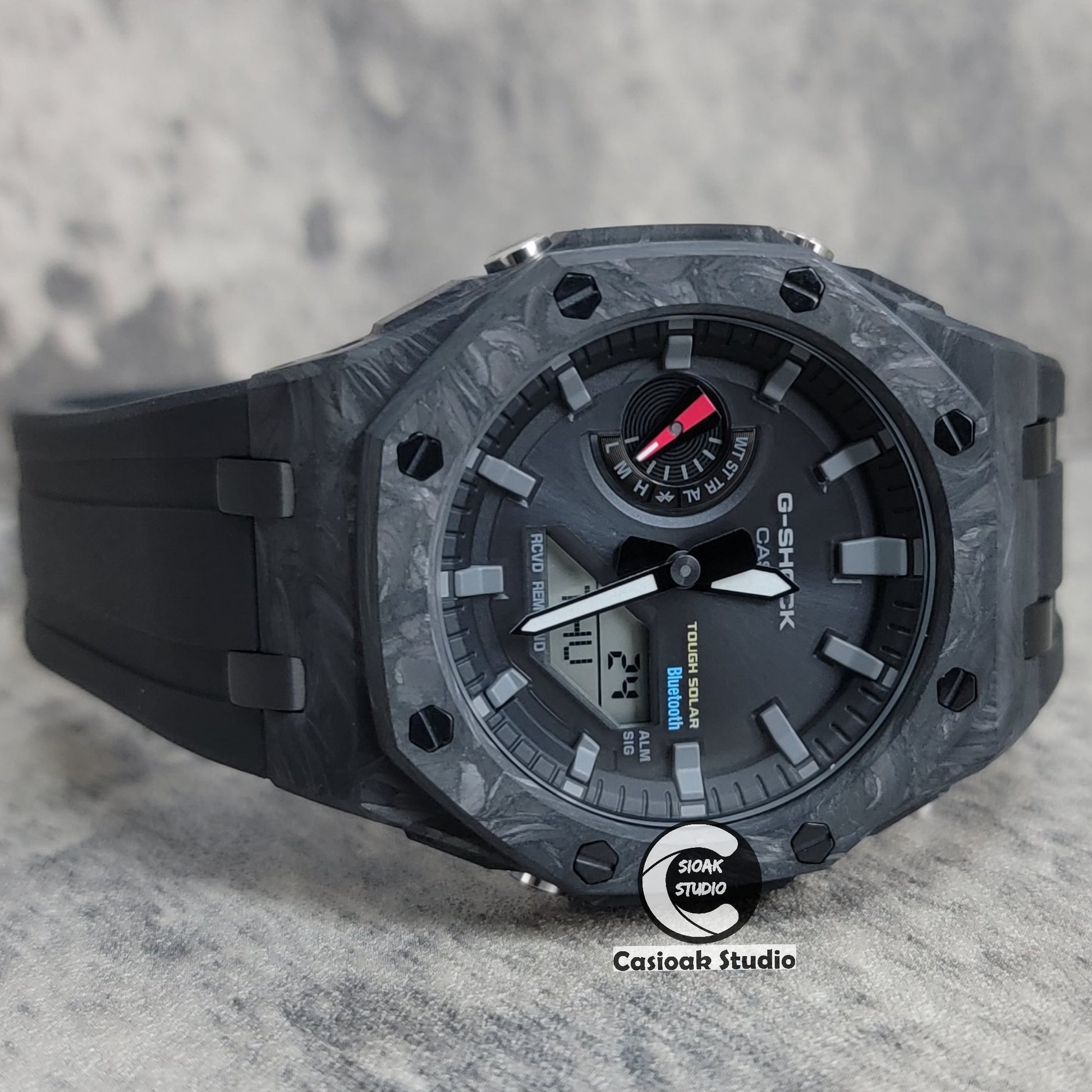 Casioak Mod Watch Solar Bluetooth Carbon Fiber Superior Black Case Black Strap Black Gray Time Mark Black Dial 44mm - Casioak Studio