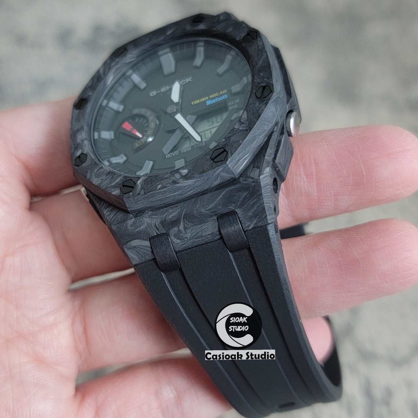 Casioak Mod Watch Solar Bluetooth Carbon Fiber Superior Black Case Black Strap Black Gray Time Mark Black Dial 44mm - Casioak Studio