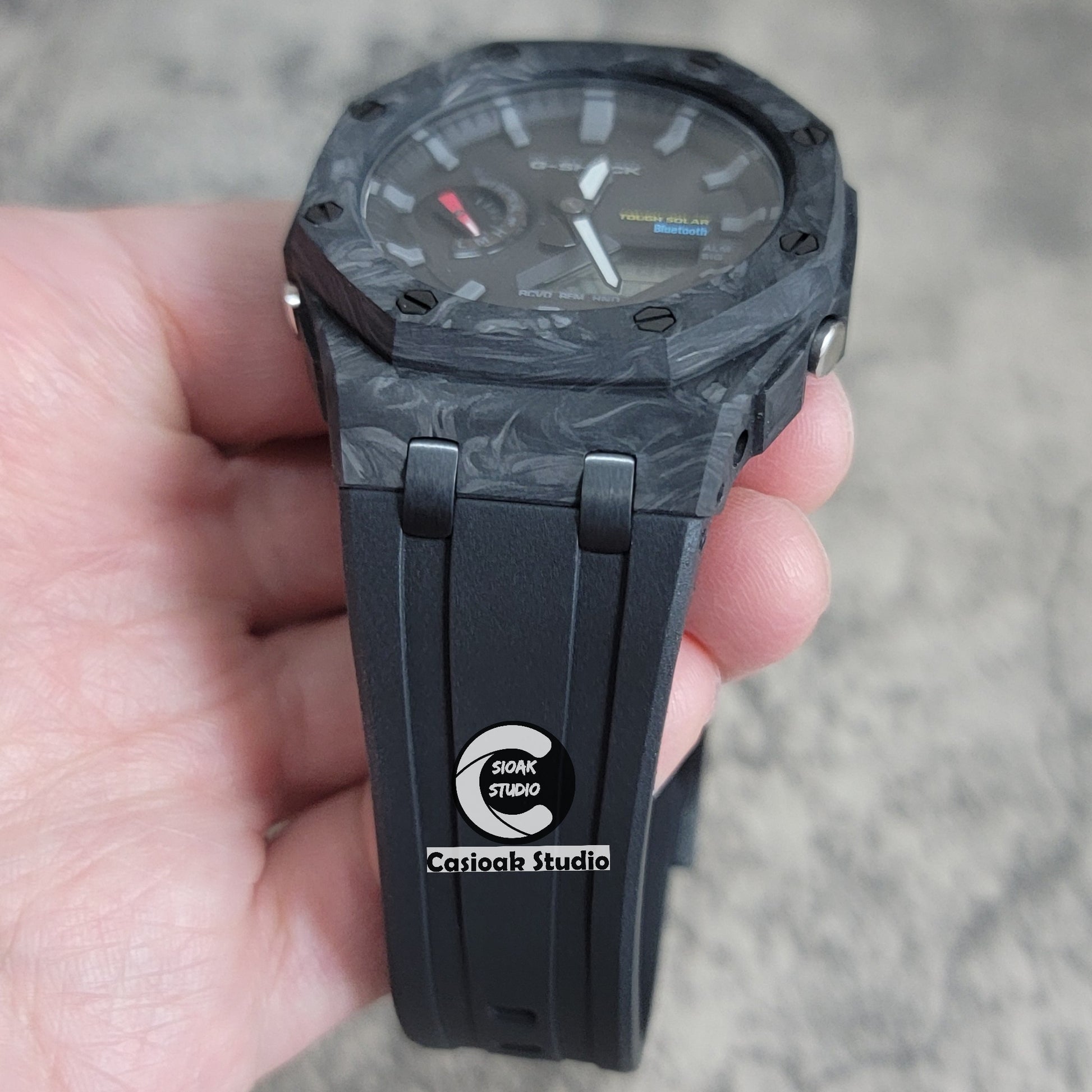 Casioak Mod Watch Solar Bluetooth Carbon Fiber Superior Black Case Black Strap Black Gray Time Mark Black Dial 44mm - Casioak Studio