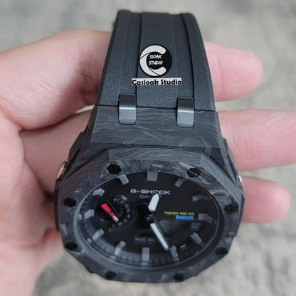 Casioak Mod Watch Solar Bluetooth Carbon Fiber Superior Black Case Black Strap Black Gray Time Mark Black Dial 44mm - Casioak Studio