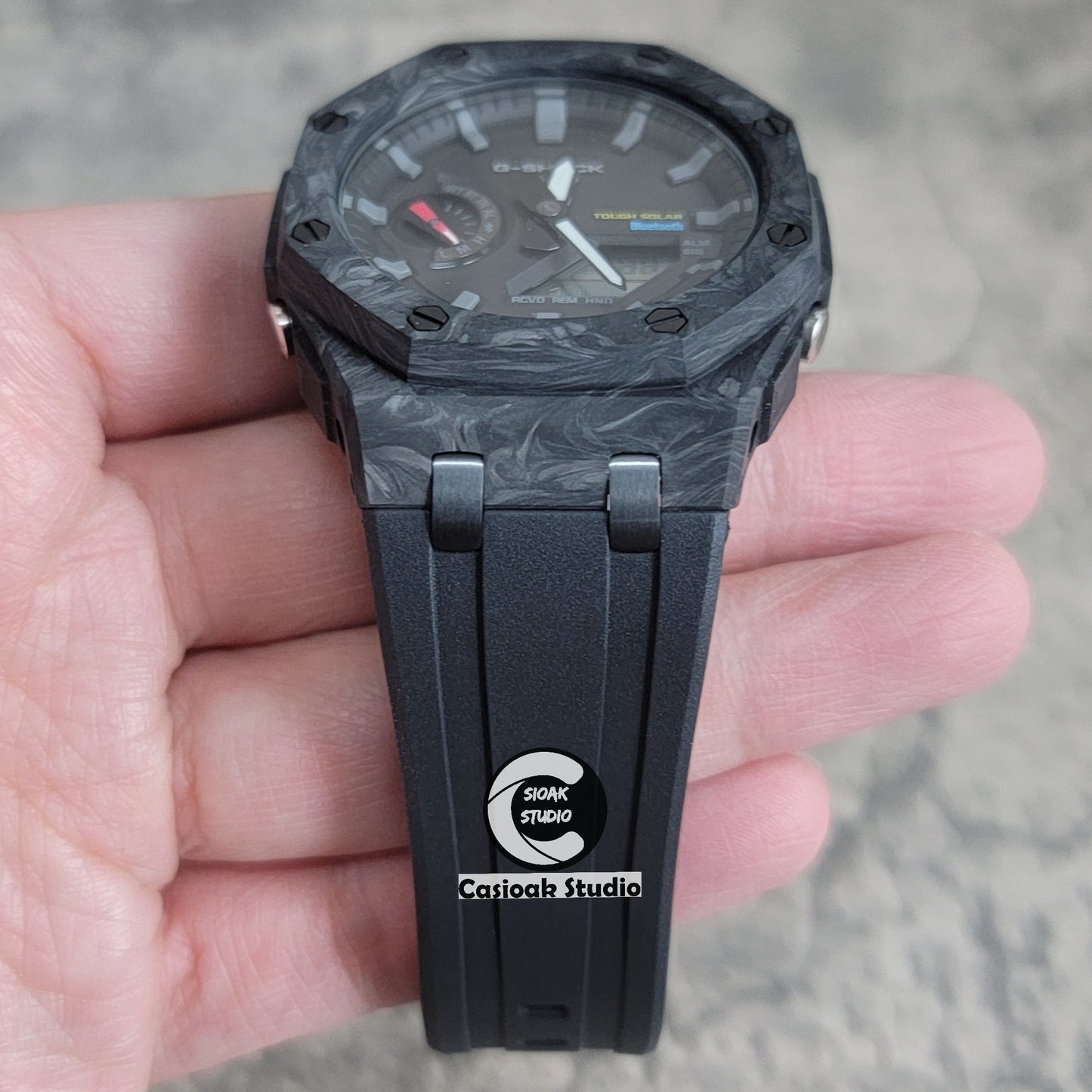 Casioak Mod Watch Solar Bluetooth Carbon Fiber Superior Black Case Black Strap Black Gray Time Mark Black Dial 44mm - Casioak Studio