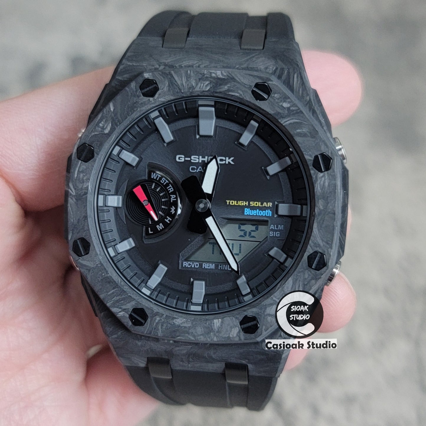 Casioak Mod Watch Solar Bluetooth Carbon Fiber Superior Black Case Black Strap Black Gray Time Mark Black Dial 44mm - Casioak Studio