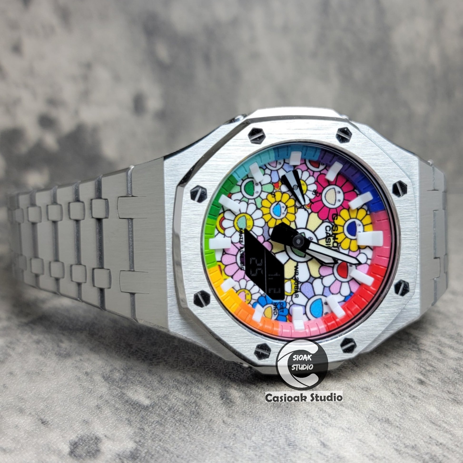 Casioak Mod Watch Silver Case Metal Strap Rainbow White Time Mark Takashi Murakami Dial 44mm - Casioak Studio
