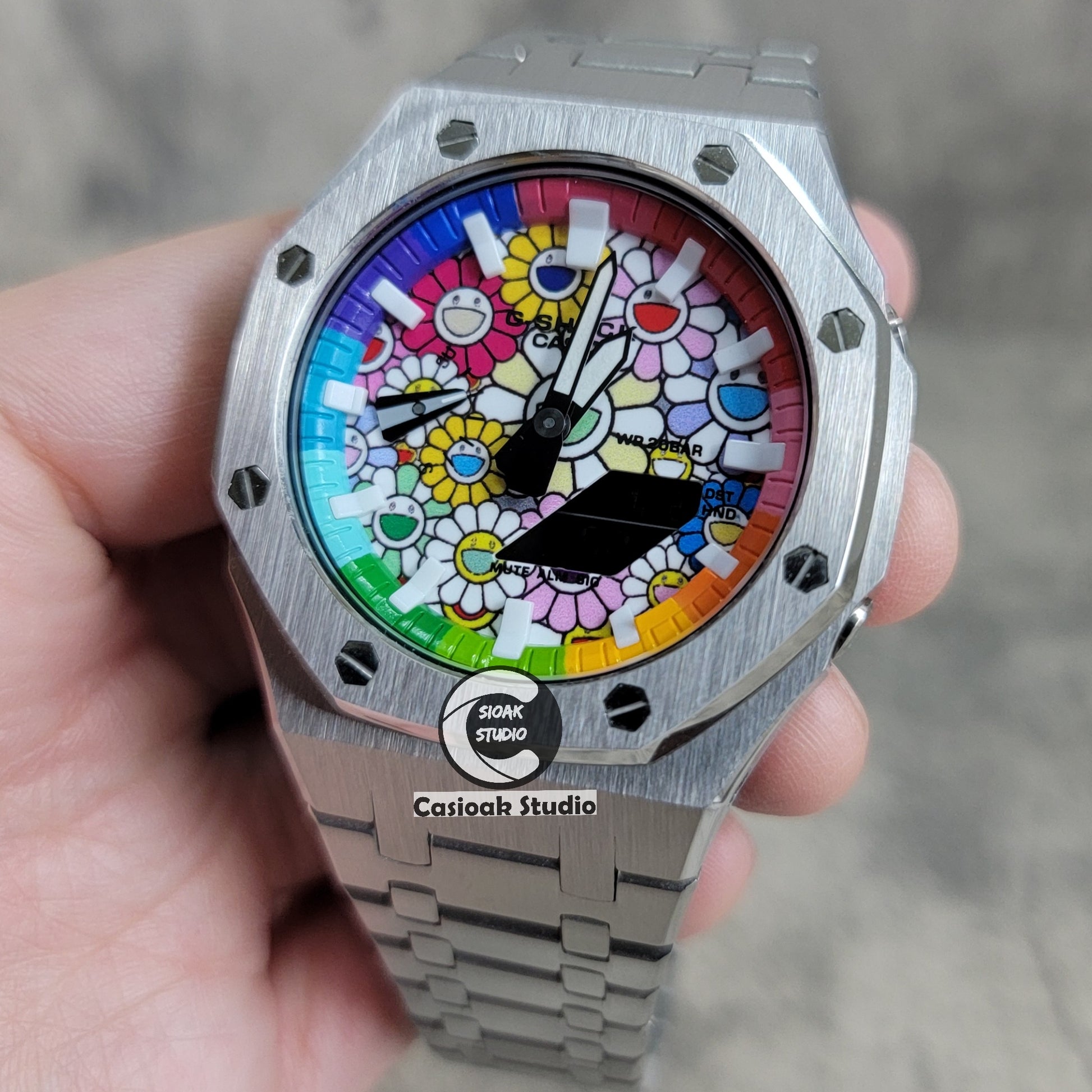 Casioak Mod Watch Silver Case Metal Strap Rainbow White Time Mark Takashi Murakami Dial 44mm - Casioak Studio